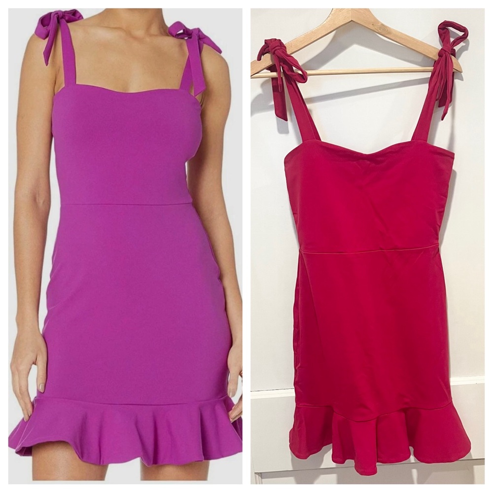 Susana Monaco Vista Stretch Tie Strap Ruffle Hem Mini Dress S Magenta Cranberry